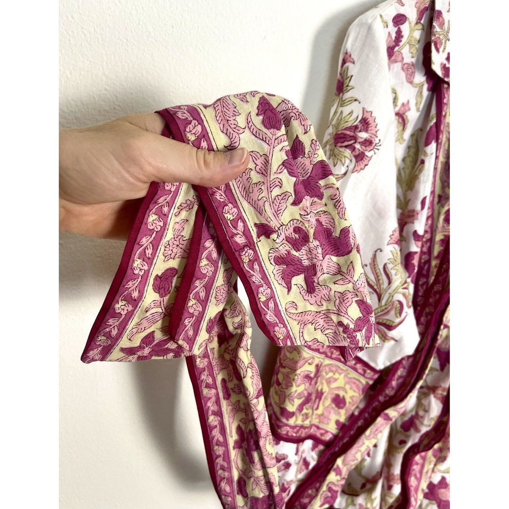 SUE SARTOR Anthropologie Long-Sleeve Flounce Dress Pink Peridot Dahlia Floral L - Picture 16 of 16